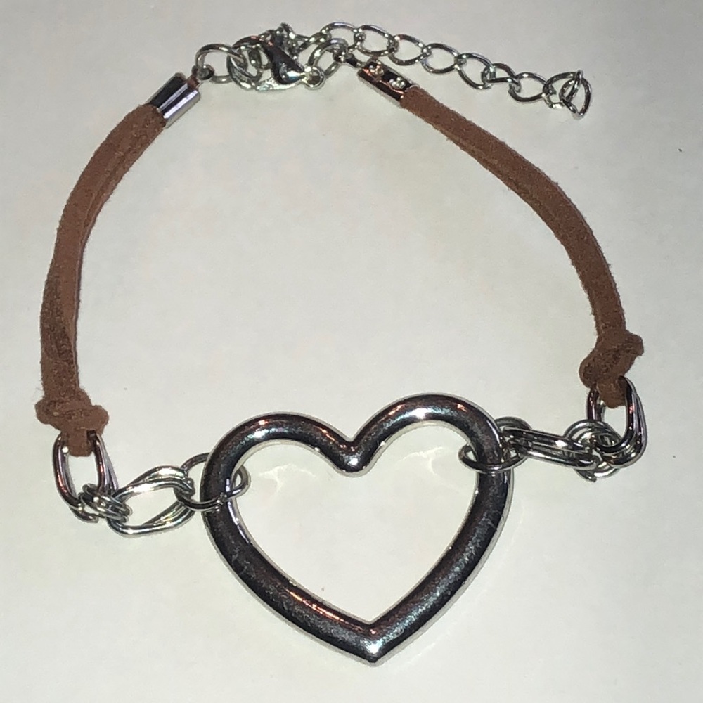 Silver Tone Heart Charm Suede Cord Bracelet in Brown